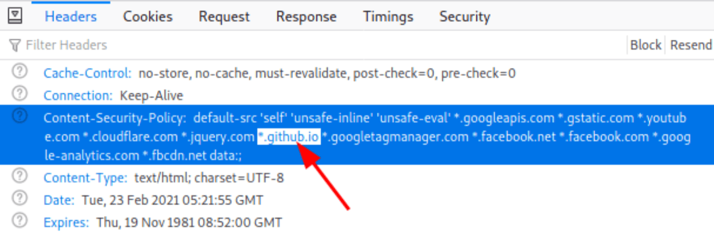 Response headers showing the Content-Security-Policy whitelist with the exploitable *.github.io source highlighted