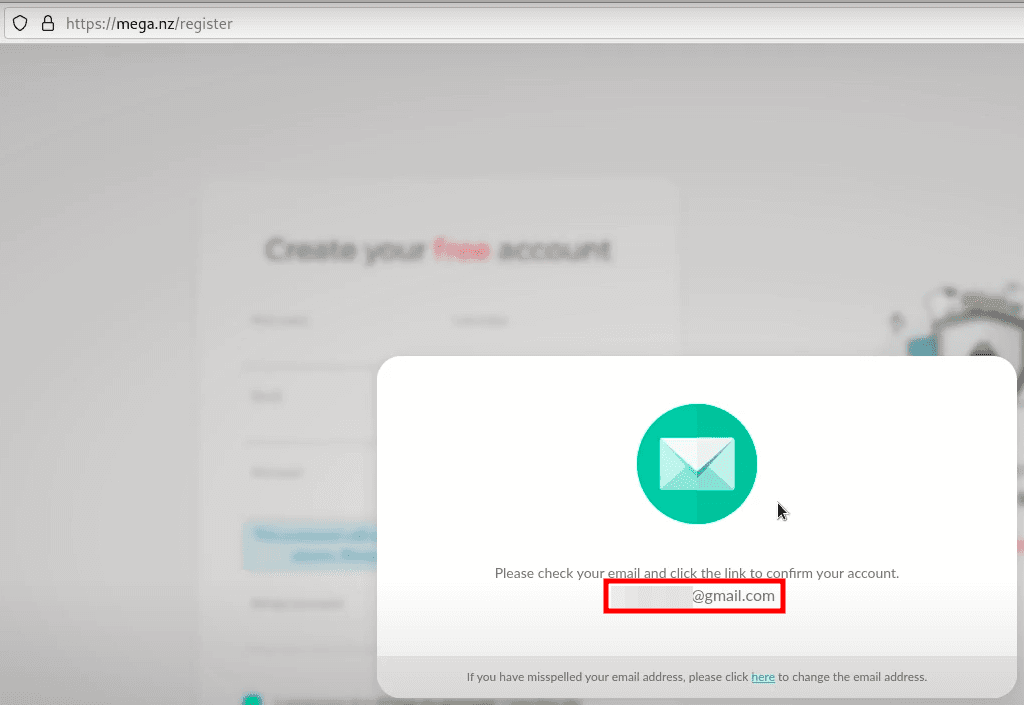 The mega.nz registration page with a dialog asking the user to confirm their account via the emailed link
