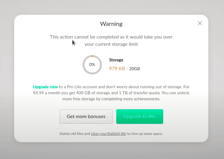 MEGA web warning dialog reading the action cannot be completed as it would exceed the storage limit