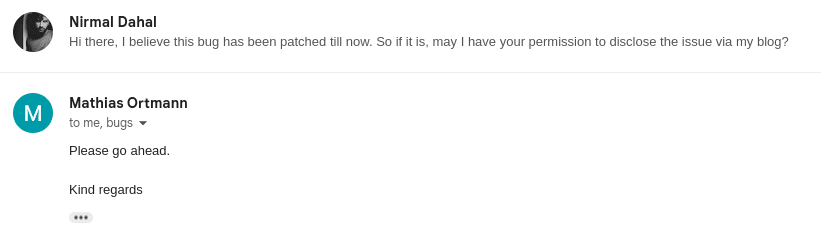 Email thread where MEGA co-founder Mathias Ortmann replies "Please go ahead" to the request to disclose the bug