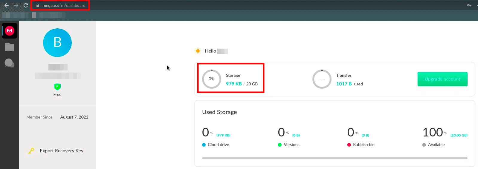 MEGA free account dashboard showing storage used of 979 KB out of the 20 GB limit