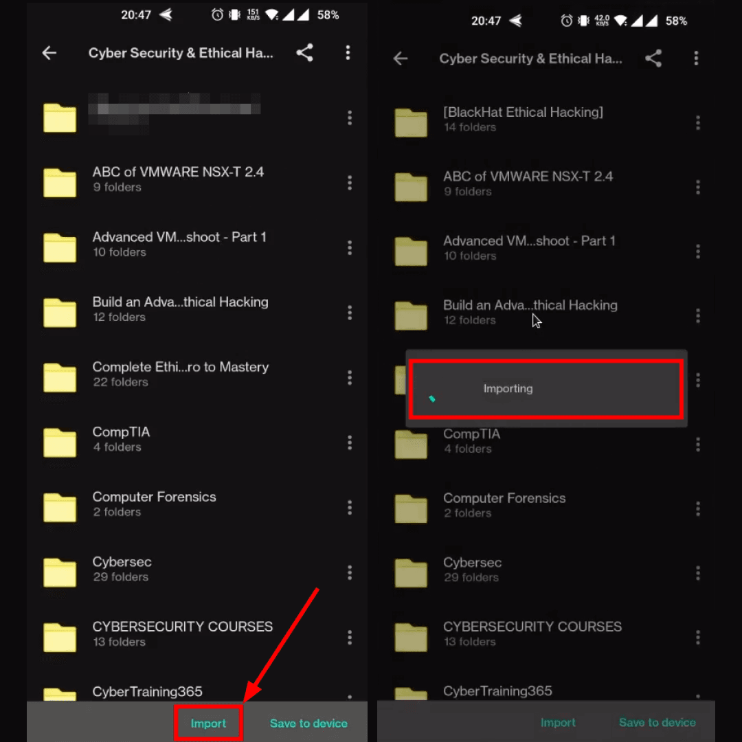 MEGA Android app importing the oversized course folders into the account, with an "Importing" overlay despite the quota