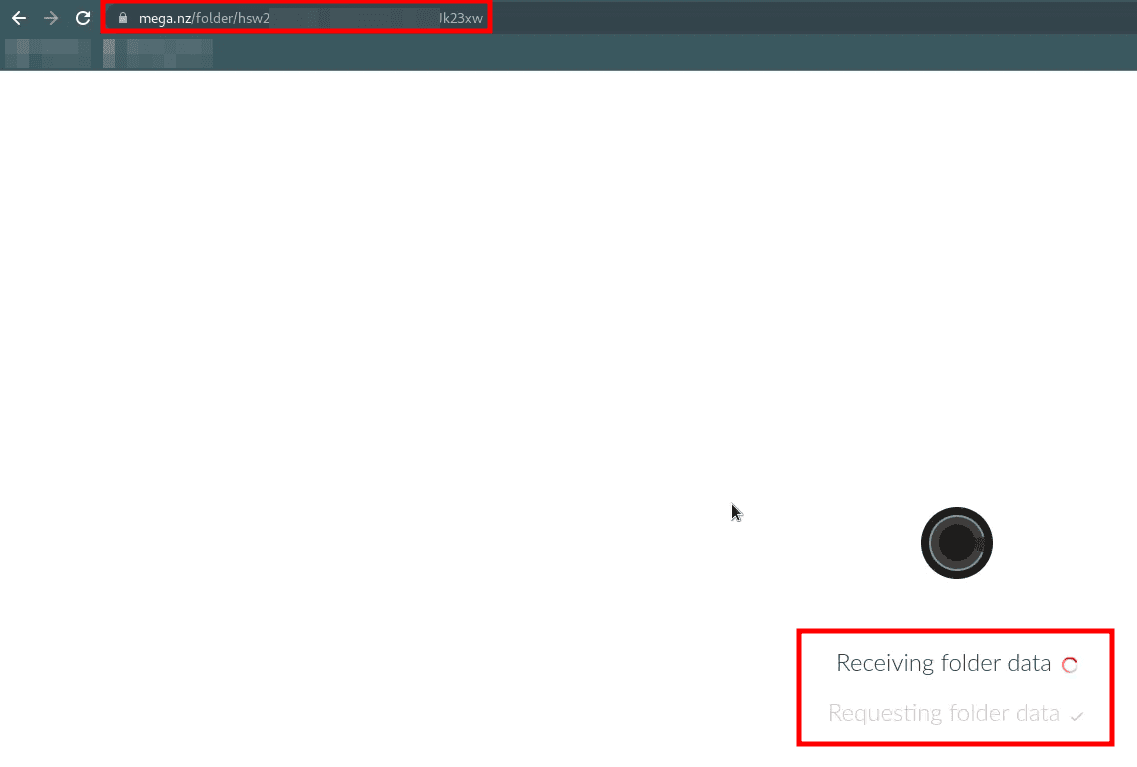 A public mega.nz folder link loading in the browser with a "Receiving folder data" indicator