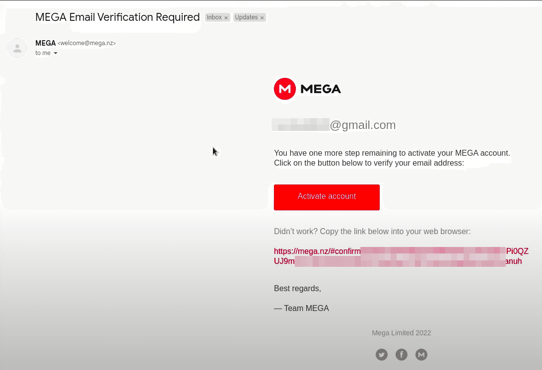MEGA verification email with an "Activate account" button to confirm the new address