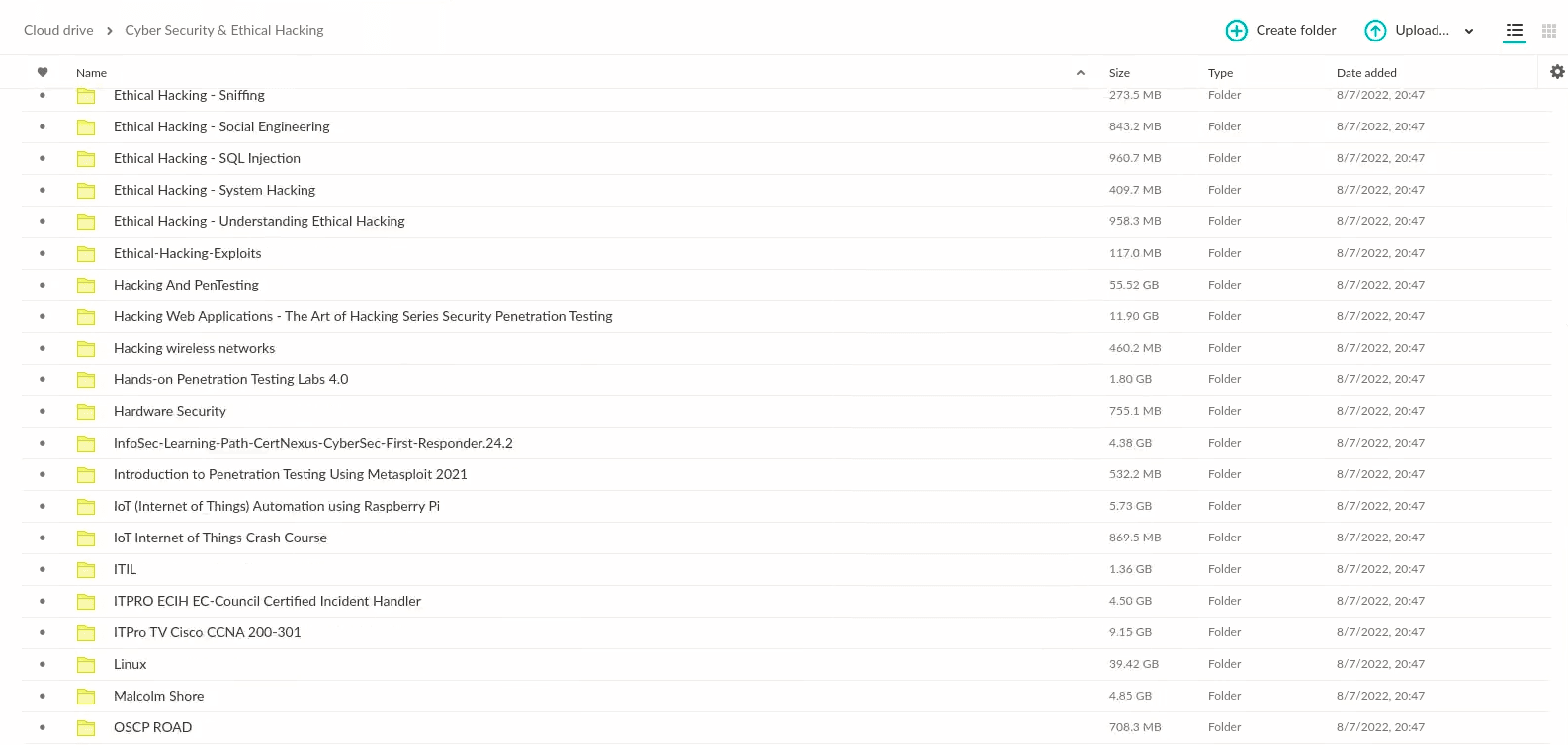 The MEGA web cloud drive filled with the imported course folders, far exceeding the free 20 GB limit