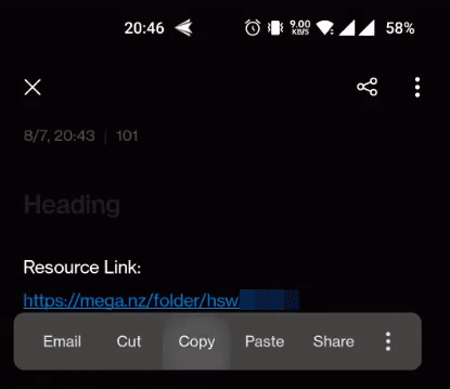 The same MEGA folder link opened in the Android app, with the resource link selected and a copy menu shown