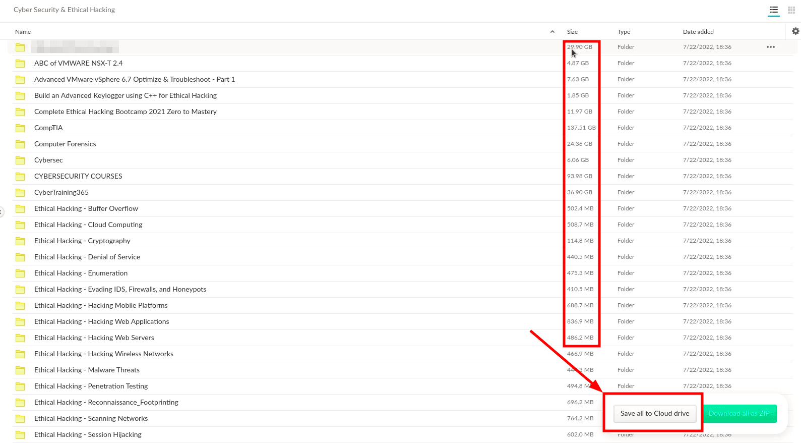 A large shared MEGA folder of cyber-security courses on the web, with a "Save all to Cloud drive" button