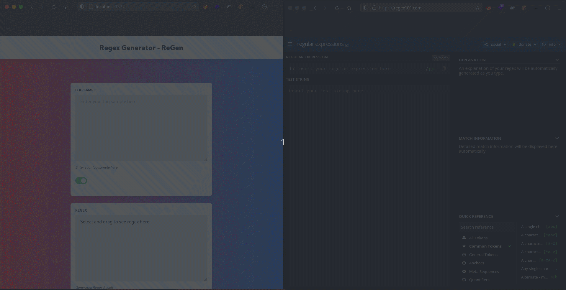 The ReGen regex generator running on localhost beside regex101, showing the log-sample input and regex output panes