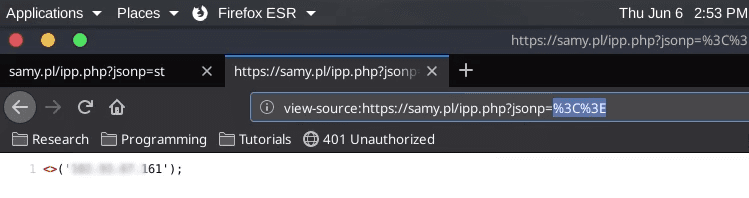 View-source of the endpoint with jsonp set to <>, confirming the angle brackets are reflected unescaped