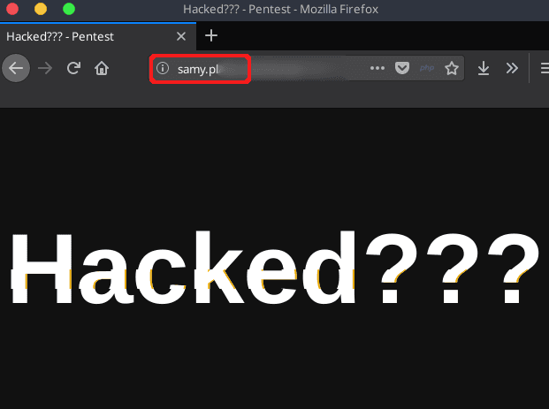 The "Hacked???" page on samy.pl, with the plain samy.pl address bar highlighted after the payload ran