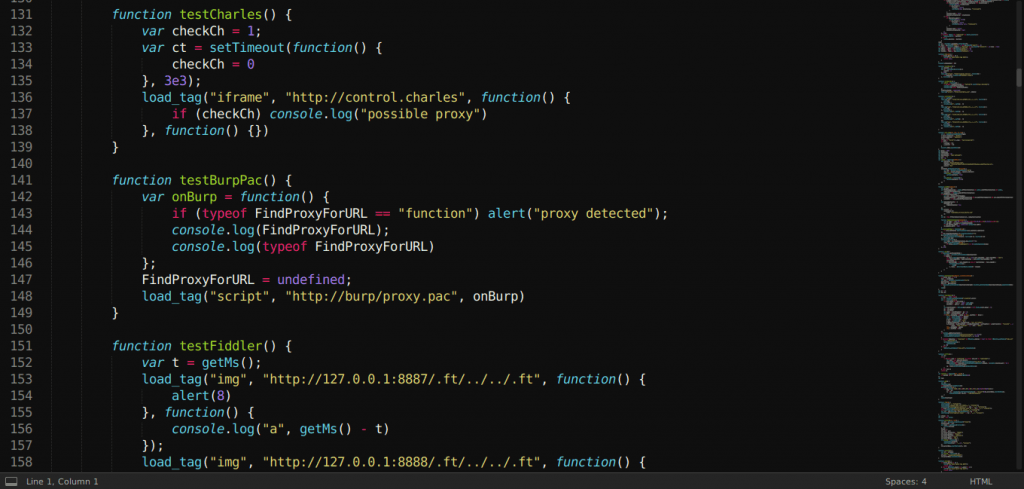 The same samy.pl source, highlighting the testBurpPac routine that alerts "proxy detected"