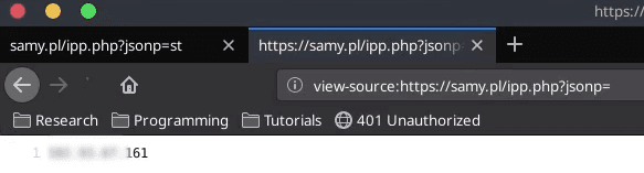View-source of the endpoint with the jsonp value emptied, showing the callback name stripped from the reflected output