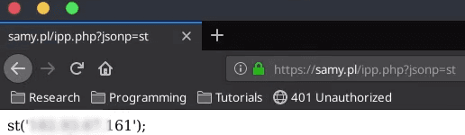 Browser at samy.pl/ipp.php?jsonp=st returning st('...') wrapping the requester's redacted IP address