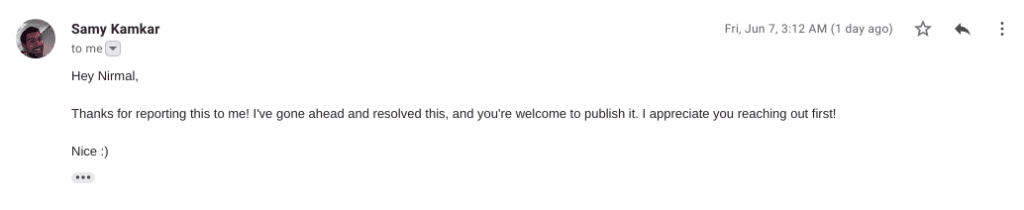 Email from Samy Kamkar thanking Nirmal for the report, confirming it is resolved and permitting publication