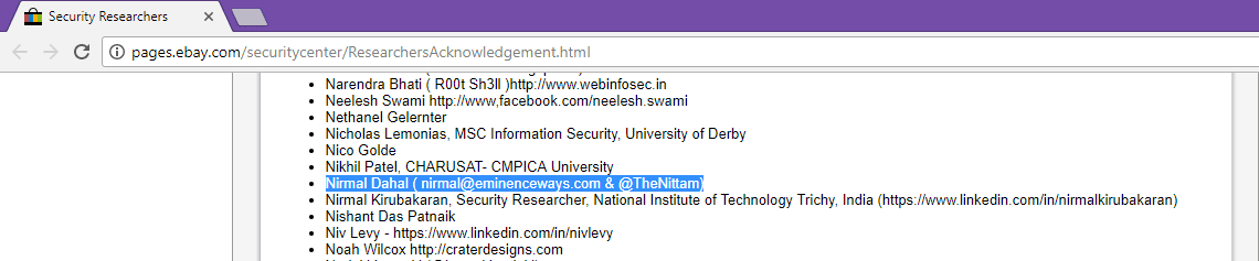 eBay security researchers acknowledgement page listing Nirmal Dahal among credited reporters
