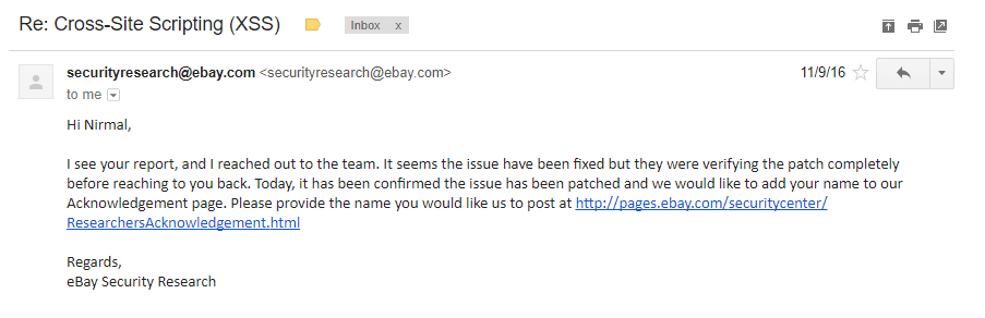 Gmail reply from eBay's security research team confirming the reported XSS was patched and offering an acknowledgement listing