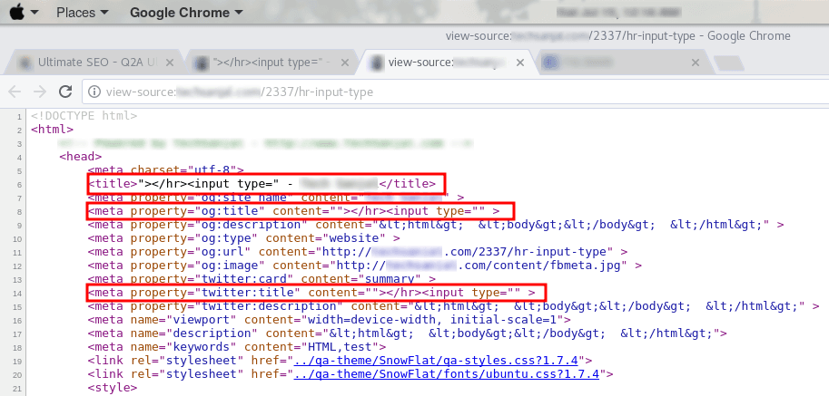 Page source of the Q2A site with the injected "><hr><input payload reflected unsanitised into the title, og:title and twitter:title meta tags