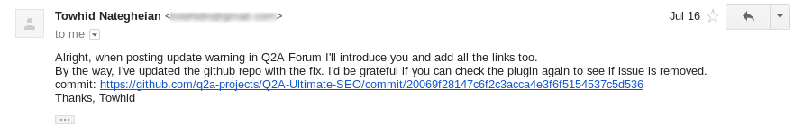 Email from Towhid Nategheian confirming the GitHub repository was updated with the fix and sharing the commit link