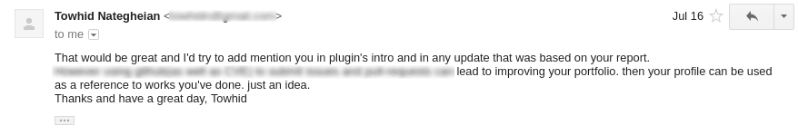 Email from Towhid Nategheian offering to credit Nirmal in the plugin's intro and update notes