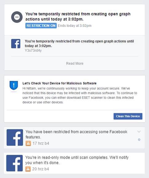 Facebook notices showing Nirmal's account restricted from open graph actions and flagged for malicious software after the analysis