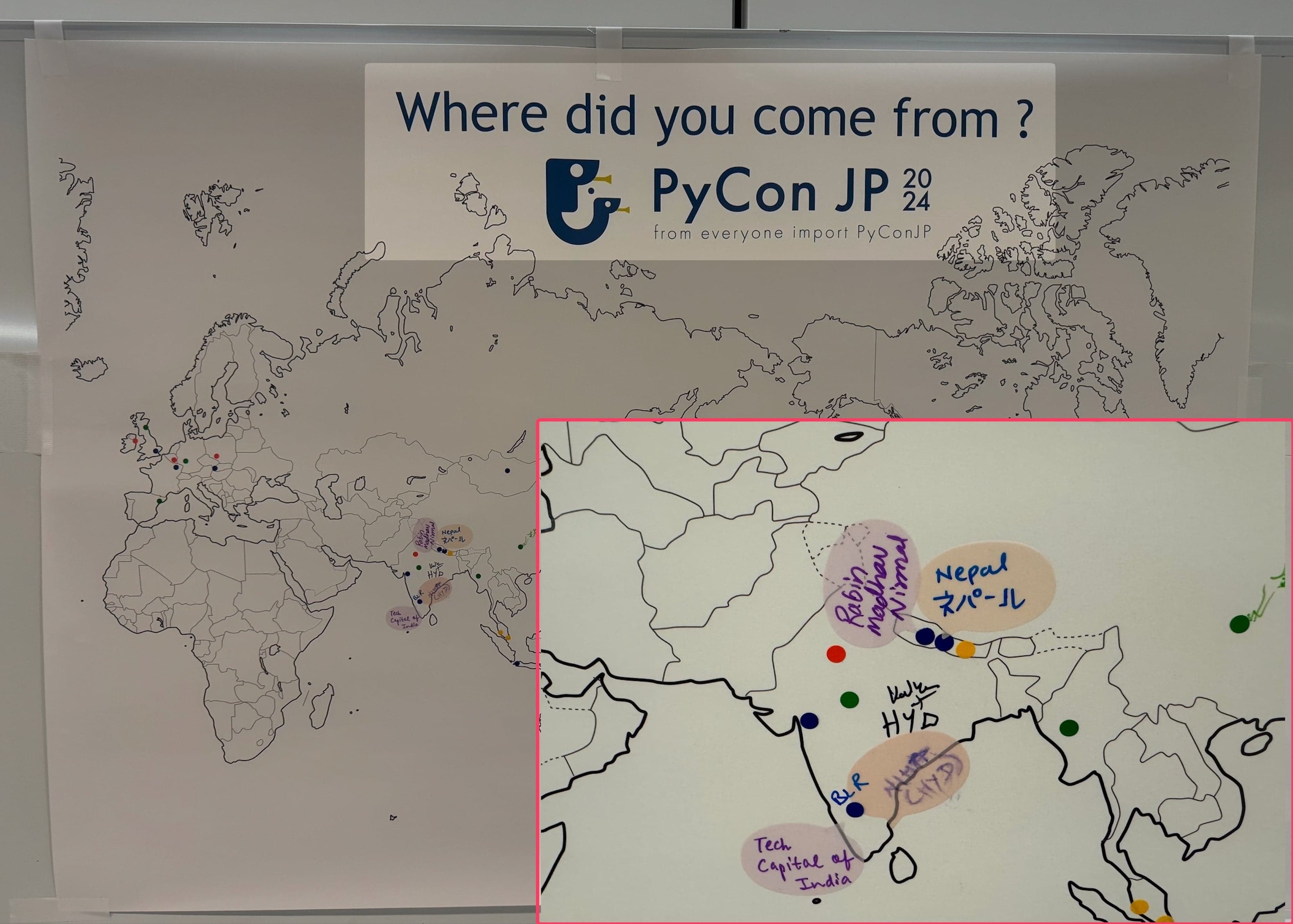 PyCon JP 2024 "Where did you come from?" world map poster, with Nepal marked and Nirmal's name written in