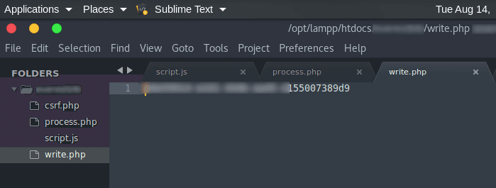 Sublime Text showing write.php, which stores the CSRF token stolen from the victim